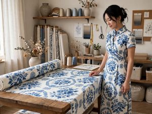Fabric by Yard | Blue Inspired Chinese Floral Medallion I Combed Cotton Prima