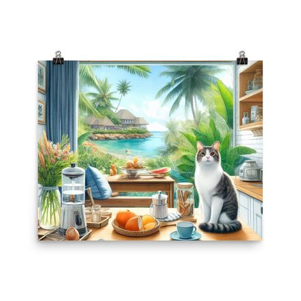 Homey Cat in Comfy Tropical Poster - 20&quot;x16&quot;, 450dpi, Museum-Quality Enhanced Matte Paper – TC104