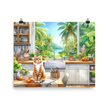 Homey Cat in Comfy Tropical Poster - 20&quot;x16&quot;, 450dpi, Museum-Quality Enhanced Matte Paper – TC105