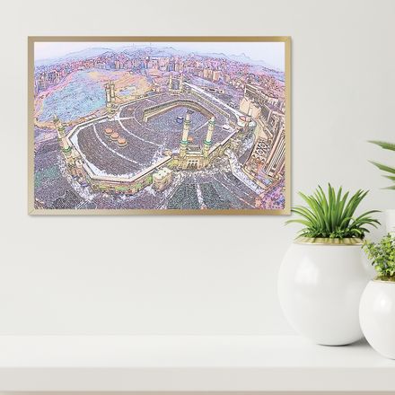 Makkah 2020 Bird&#x27;s-eye View on Modern Art - 36&quot;x24&quot; High-res Digital Poster, Canvas Texture - MM130