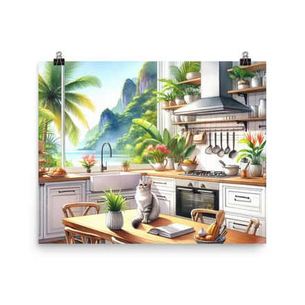 Homey Cat in Comfy Tropical Poster - 20&quot;x16&quot;, 450dpi, Museum-Quality Enhanced Matte Paper – TC103