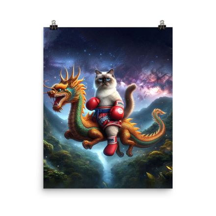 Muay Thai Cat &amp; Flying Dragon on Tour Poster - 16&quot;x20&quot;, 450dpi, Museum-Quality Matte Paper – CD102