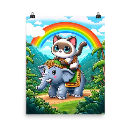 Cute Cat &amp; Elephant on Tour Poster - 16&quot;x20&quot;, 450dpi, Museum-Quality Enhanced Matte Paper – CCE19