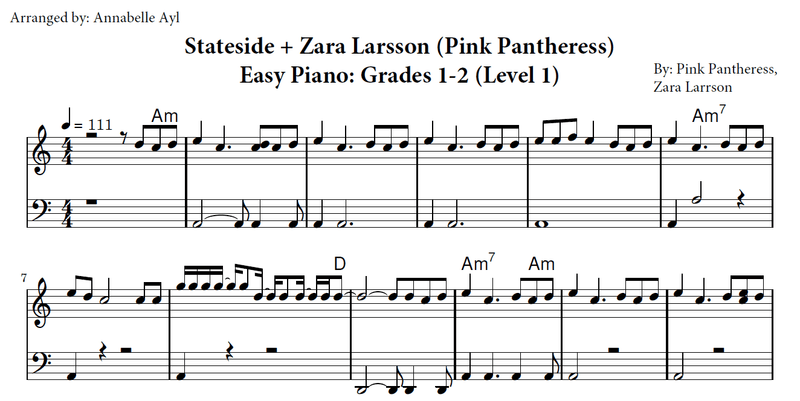 Easy Stateside + Zara Larsson Sheet Music | Pink Pantheress | Grades 1-2 Piano