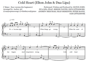 Cold Heart Easy Piano Sheet Music | Elton John &amp; Dua Lipa