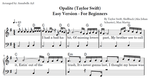 Opalite Easy Piano Sheet Music | Taylor Swift