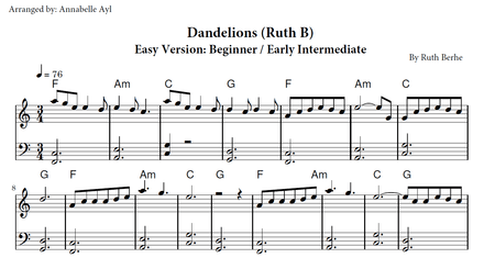 Dandelions Ruth B Piano Sheet Music | Easy Piano | Piano for Beginners