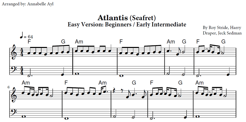 Atlantis Seafret Piano Easy Sheet Music | Beginner Piano | Simple Piano Arrangement