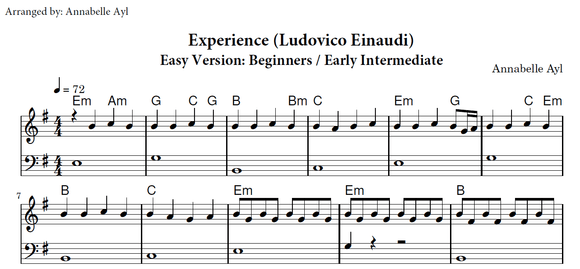 Ludovico Einaudi Experience Easy Piano Sheet Music | Movie and Film Songs