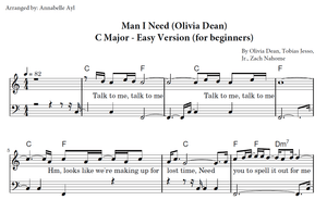 Man I Need Easy Piano Sheet Music | Olivia Dean