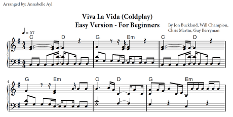 Viva La Vida Easy Piano Sheet Music | Coldplay