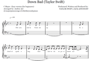 Down Bad Piano Easy Sheet Music | Taylor Swift