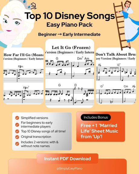 Top 10 Disney Songs - Easy Piano Sheet Music Bundle (PDF Download)