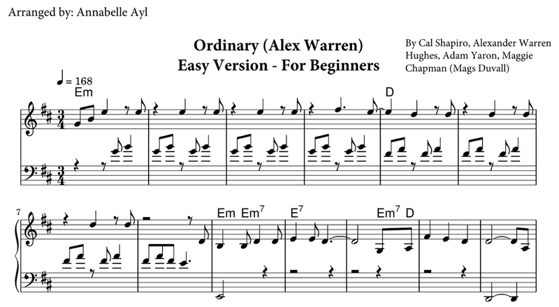 Ordinary Piano Notes Easy Sheet Music | Alex Warren
