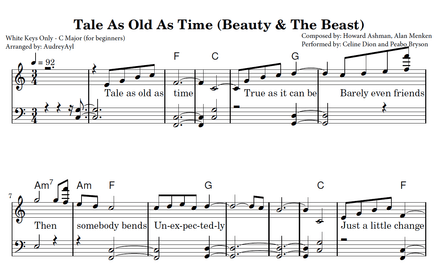 Beauty and Beast Piano Sheet Music | Tale as Old as Time Easy Piano