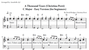 1000 Years Piano Easy Sheet Music | Christina Perri