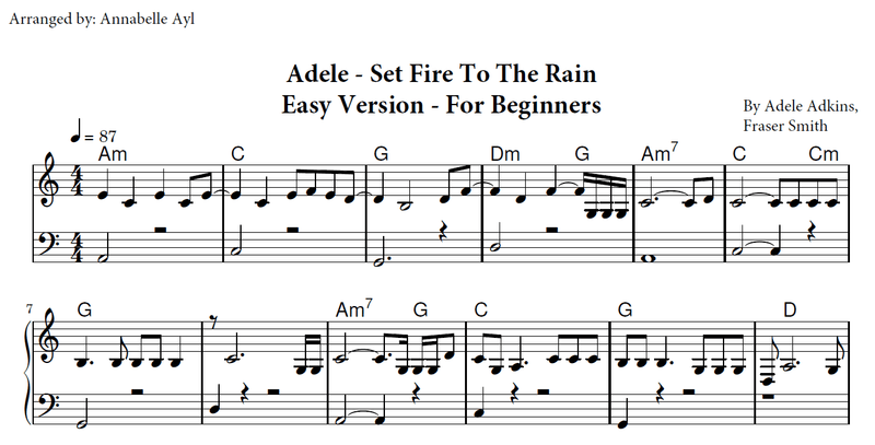 Easy Set Fire to the Rain Piano Sheet Music | Adele