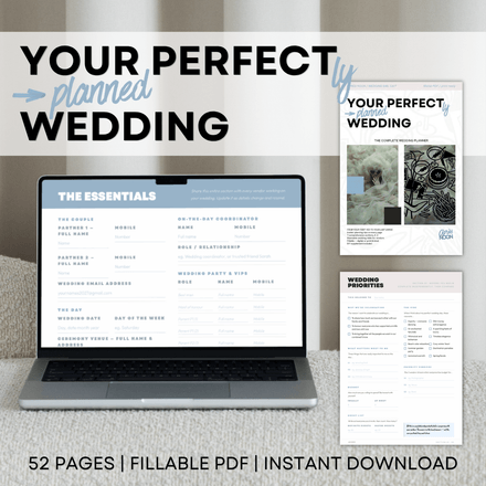Your Perfectly Planned Wedding — The Complete Wedding Planner Workbook · Fillable PDF · Instant Down