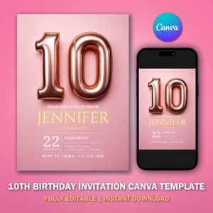 10th Birthday Invitation Template V3 for Glitter Birthday Party 