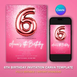 6th Birthday Invitation Template V2 for Glitter Birthday Party 