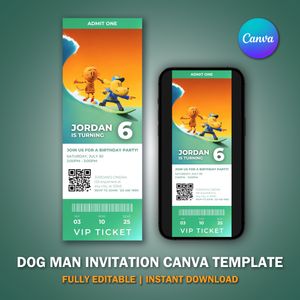 Dog Man Invitation Ticket V4 Canva Template for Birthday Party 