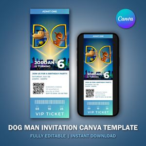 Dog Man Invitation Ticket V5Canva Template for Birthday Party 