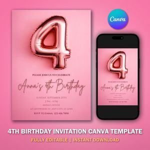 4th Birthday Invitation Template V2 for Glitter Birthday Party 