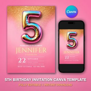5th Birthday Invitation Template V3 for Glitter Birthday Party 