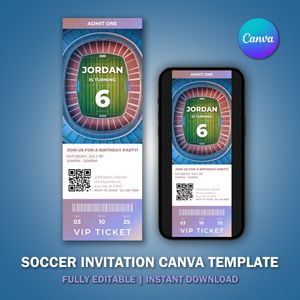 Soccer Invitation Ticket Canva Template for V4 Birthday Party 