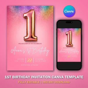 1st Birthday Invitation Template V1 for Glitter Birthday Party 
