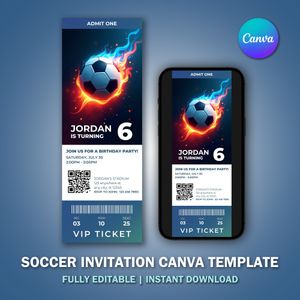Soccer Invitation Ticket Canva Template for V6 Birthday Party 