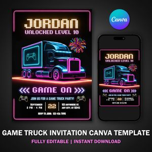 Game Truck Invitation Template for Birthday Party V1