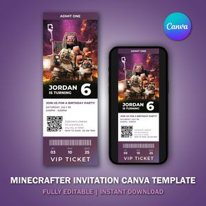 Minecrafter Ticket Invitation Canva Template V15 for Movie Party 