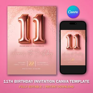 11th Birthday Invitation Template V1 for Glitter Birthday Party 