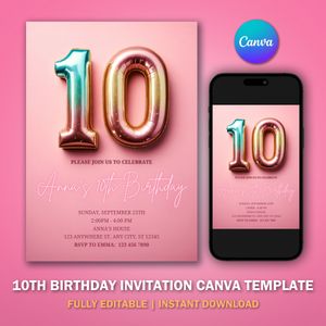 10th Birthday Invitation Template V2 for Glitter Birthday Party 