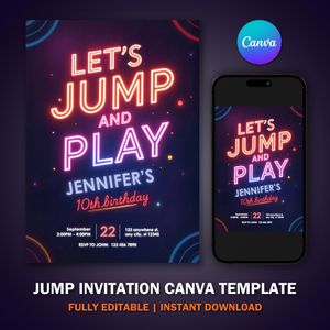 Jump Invitation Canva Template For Trampoline Party Bounce House Jump Party V2