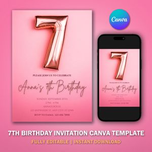 7th Birthday Invitation Template V2 for Glitter Birthday Party 