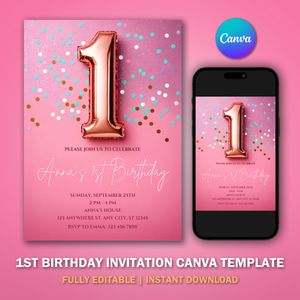 1st Birthday Invitation Template V2 for Glitter Birthday Party 
