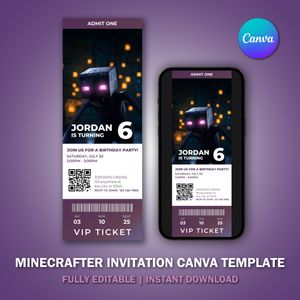Minecrafter Ticket Invitation Canva Template V8 for Movie Party 