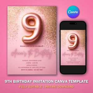 9th Birthday Invitation Template V2 for Glitter Birthday Party 