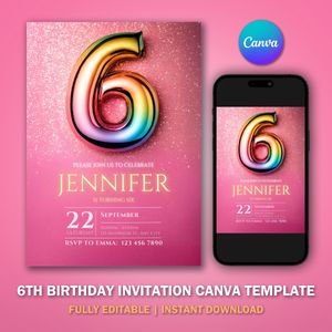 6th Birthday Invitation Template V3 for Glitter Birthday Party 