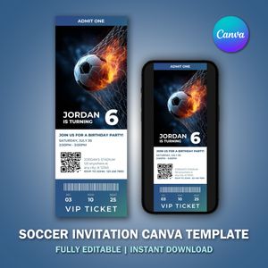 Soccer Invitation Ticket Canva Template for V7 Birthday Party 