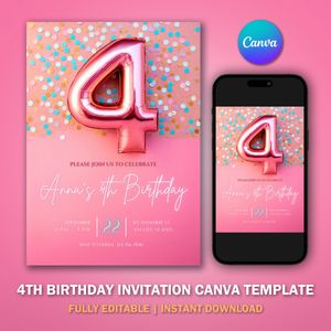 4th Birthday Invitation Template V1 for Glitter Birthday Party