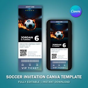 Soccer Invitation Ticket Canva Template for V2 Birthday Party 