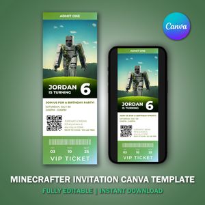 Minecrafter Ticket Invitation Canva Template V11 for Movie Party 