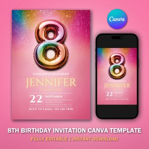 8th Birthday Invitation Template V3 for Glitter Birthday Party 