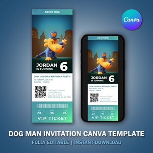 Dog Man Invitation Ticket V2 Canva Template for Birthday Party 
