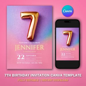 7th Birthday Invitation Template V3 for Glitter Birthday Party 