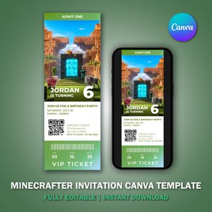 Minecrafter Ticket Invitation Canva Template V7 for Movie Party 