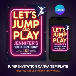 Jump Invitation Canva Template For Trampoline Party Bounce House Jump Party V1
